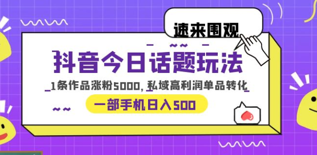 抖音今日话题玩法，1条作品涨粉5000，私域高利润单品转化 一部手机日入500